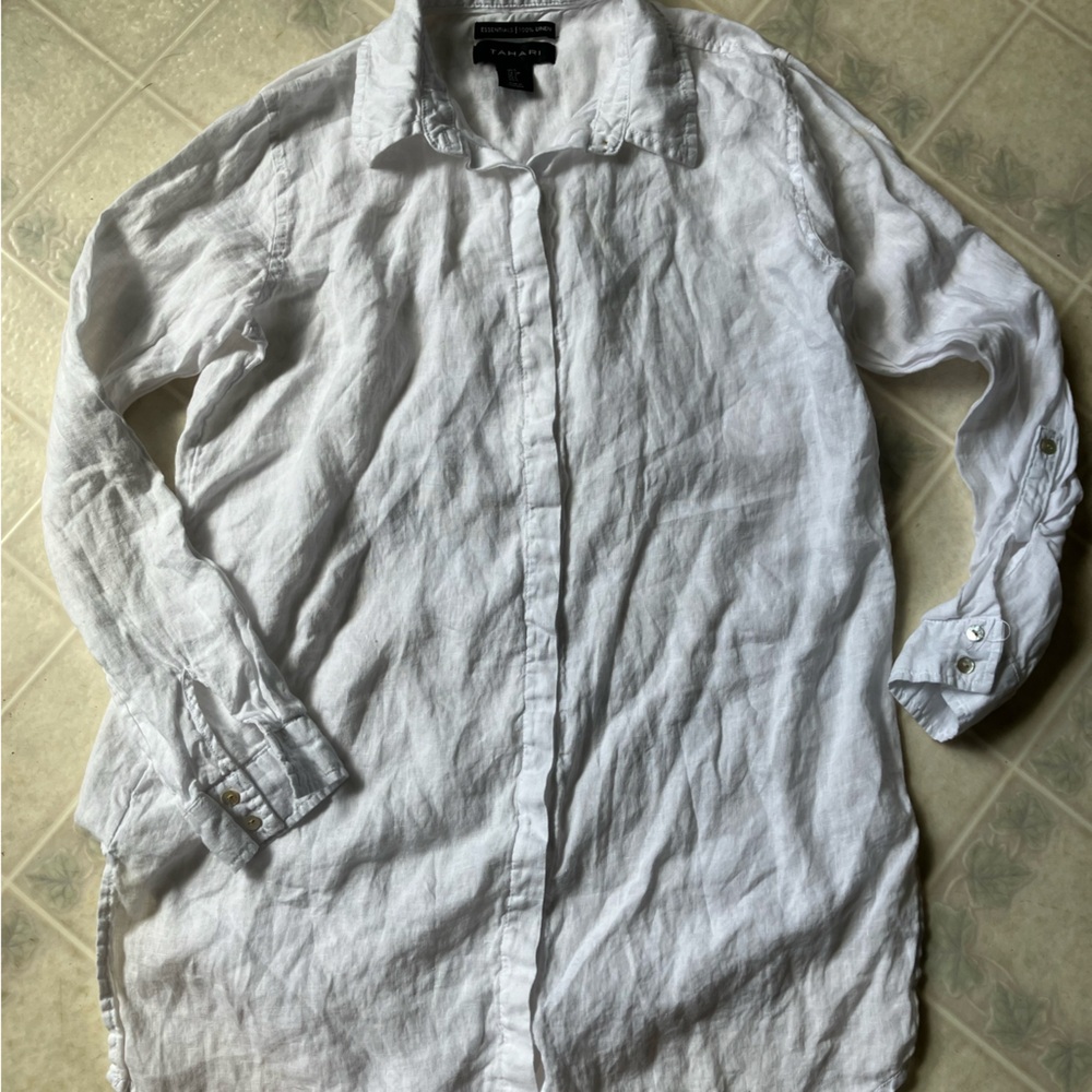Tahari Linen Button Down Blouse cover up Tunic Hidden Placket Roll Tab Sleeves